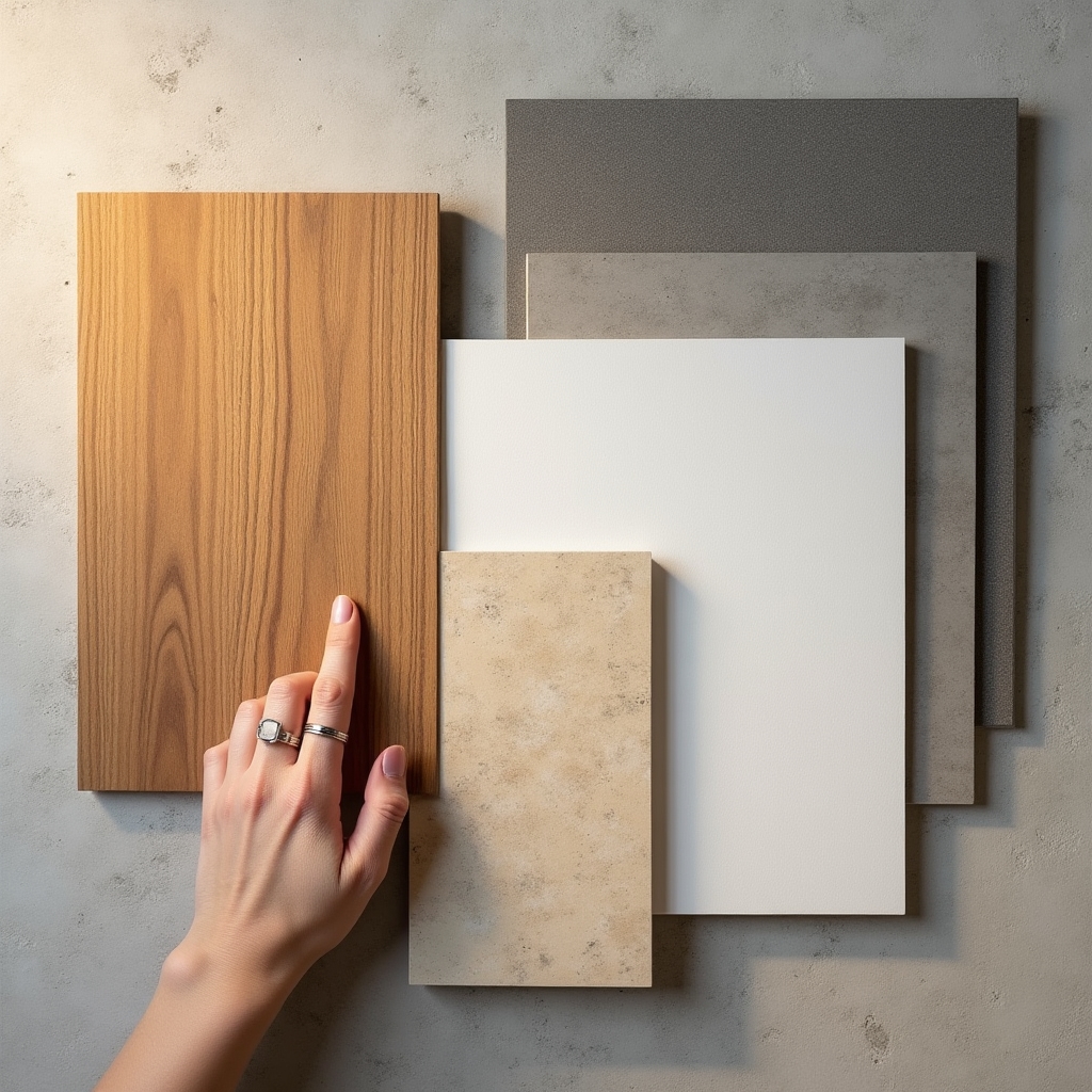 Bútorlapok és anyagminták közelről